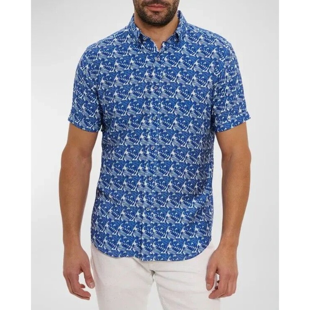 ROBERT GRAHAM Shirt Mens XXL Blue Short Sleeve Tailored Fit Leaves HENRIK $158